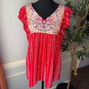 Savanna Jane Red Embroidered Boho Top Floral Yoke Rayon Blouse Size L